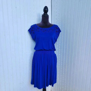 Apt 9 Womens Dress Royal Blue Round Neck Lace Pockets Stretch Short Sleeve M